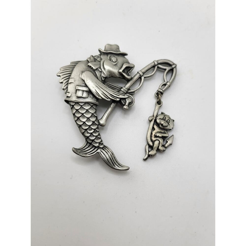 Vintage JJ Fish Brooch Cat Charm Dangle Pewter Figural Pin